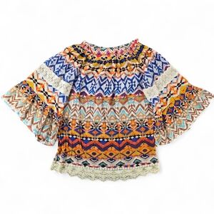Urban Mangoz Boho Peasant Top Small Multicolor Geometric Print Flutter Sleeve